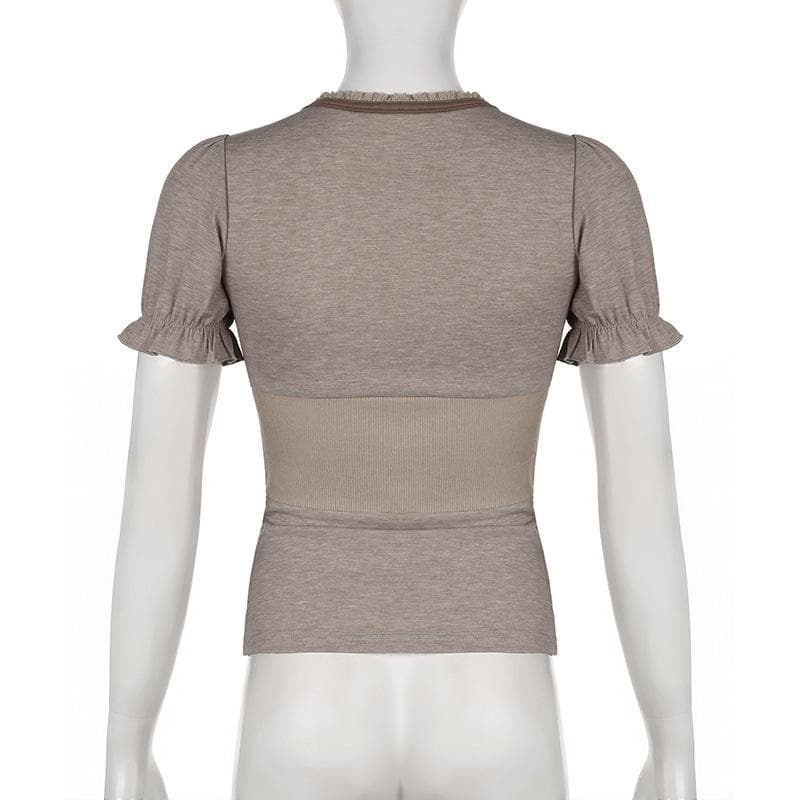 Short puff sleeve button stitch ruffle ribbed top