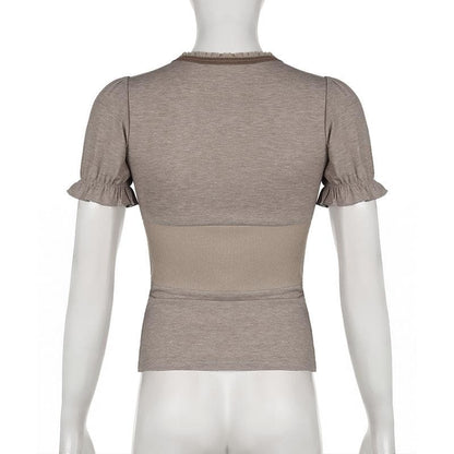 Short puff sleeve button stitch ruffle ribbed top