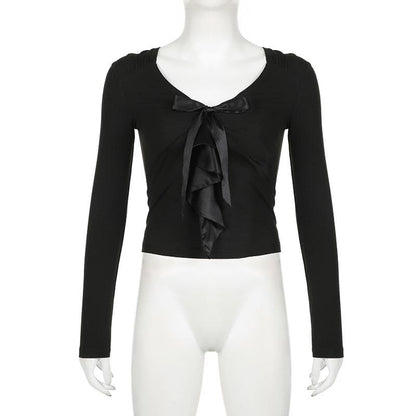 Patchwork solid long sleeve bowknot v neck top