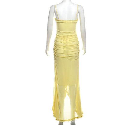 Mesh ruffle solid backless cami maxi dress