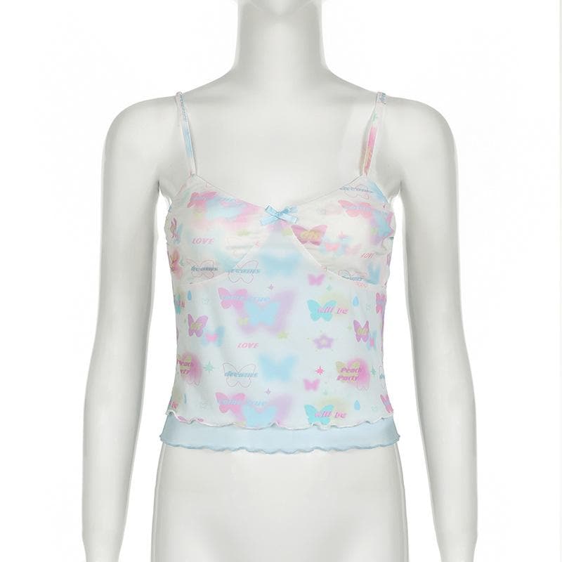 Bowknot butterfly print mesh ruffle cami top