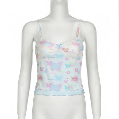Bowknot butterfly print mesh ruffle cami top