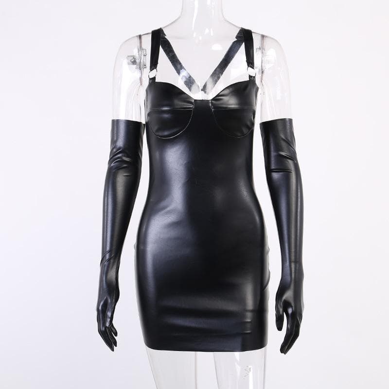 Gloves sweetheart neck o ring PU leather solid mini dress