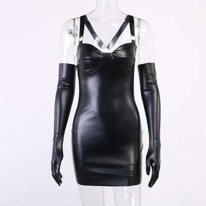 Gloves sweetheart neck o ring PU leather solid mini dress