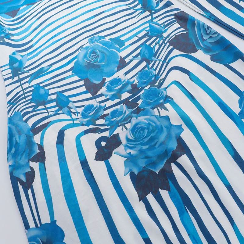 Crewneck long sleeve striped flower print midi dress