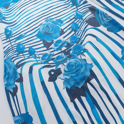 Crewneck long sleeve striped flower print midi dress