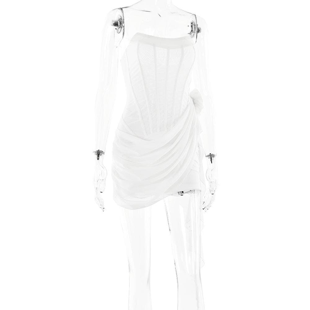 U neck bustier ruffle flower applique tube mini dress