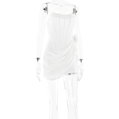 U neck bustier ruffle flower applique tube mini dress