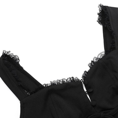 Lace hem button bowknot cami mini dress