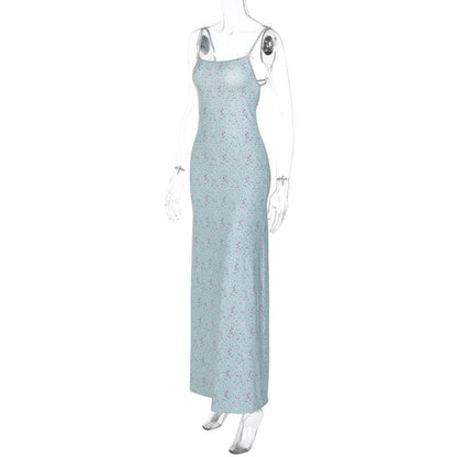 Ditsy Floral Print Square Neck Spaghetti Strap Maxi Dress