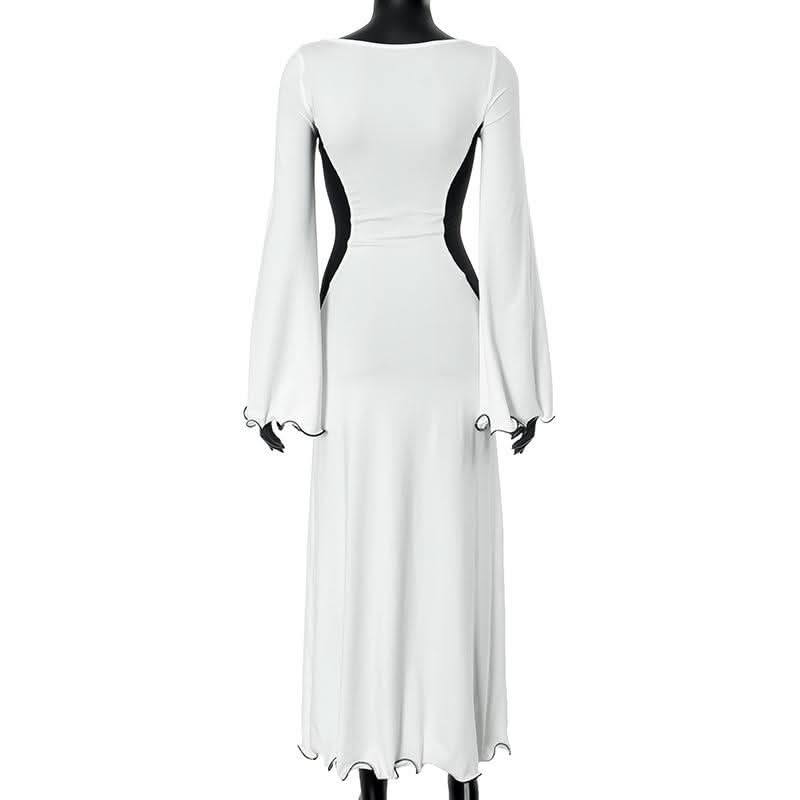 Long flared sleeve u neck slit ruffle maxi dress