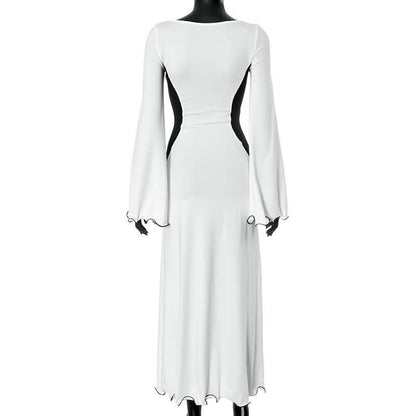 Long flared sleeve u neck slit ruffle maxi dress