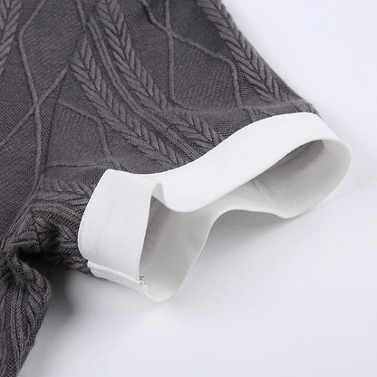 Textured short sleeve patchwork necktie turnover collar crop top