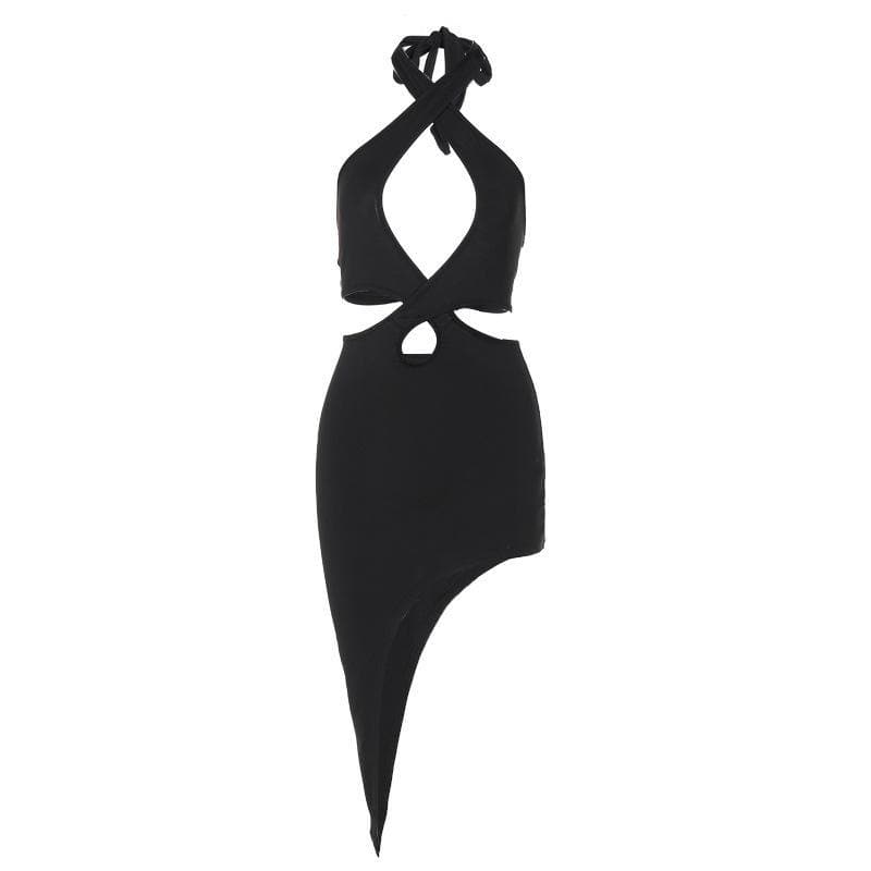 Cross Halter Neck Keyhole Chest Waist Cutout Bodycon Mini Dress