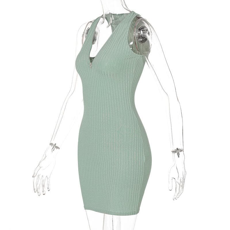 Ribbed Zip Front Deep V Halter Neck Bodycon Mini Dress