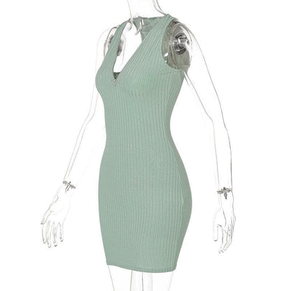 Ribbed Zip Front Deep V Halter Neck Bodycon Mini Dress