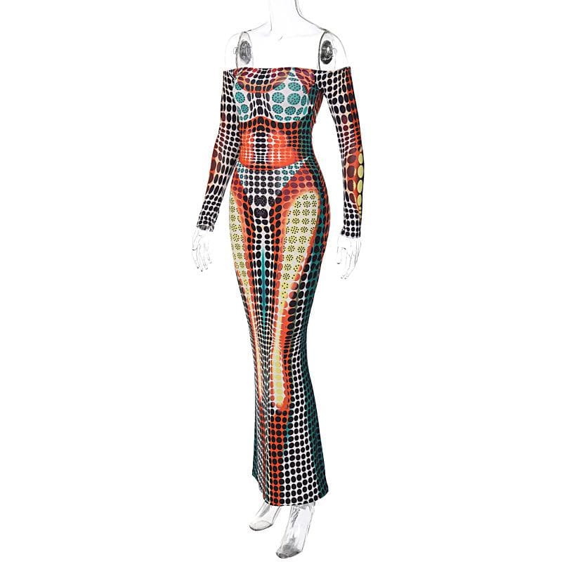 Off Shoulder Optical Illusion Dot Print Long Sleeve Bodycon Maxi Dress