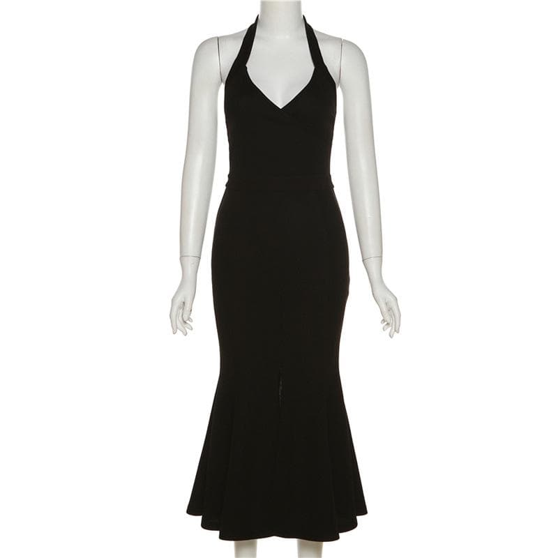 Halter Surplice V-Neck Front Slit Mermaid Bandage Knit Maxi Gown
