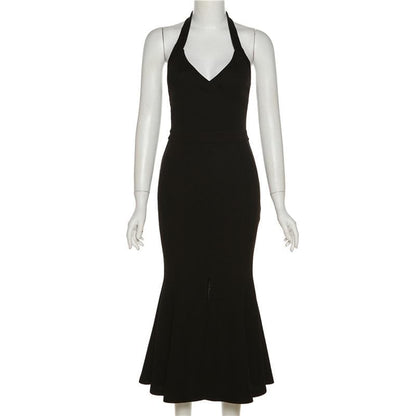 Halter Surplice V-Neck Front Slit Mermaid Bandage Knit Maxi Gown