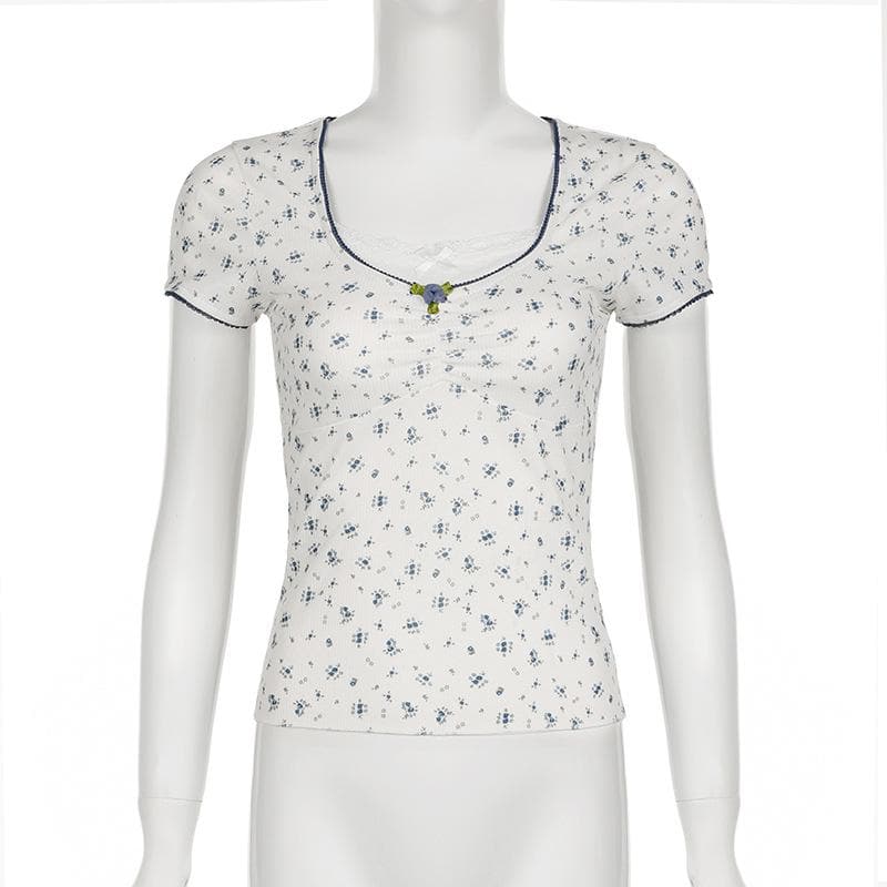 Short sleeve patchwork flower applique print top