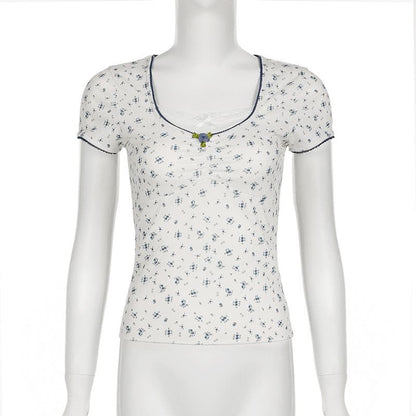 Short sleeve patchwork flower applique print top