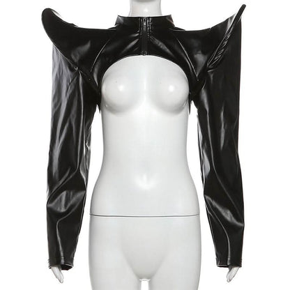 PU leather long sleeve zip-up crop top