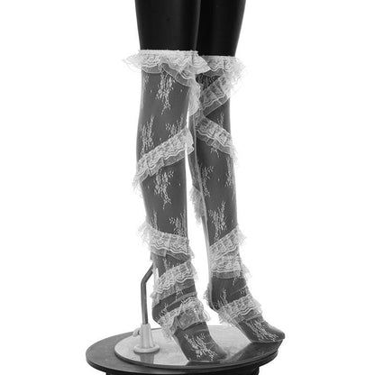 Lace ruffle solid stitch thigh high socks