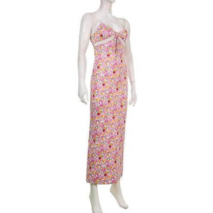 Floral Print V Neck Keyhole Tie Lace Trim Spaghetti Strap Cami Maxi Dress