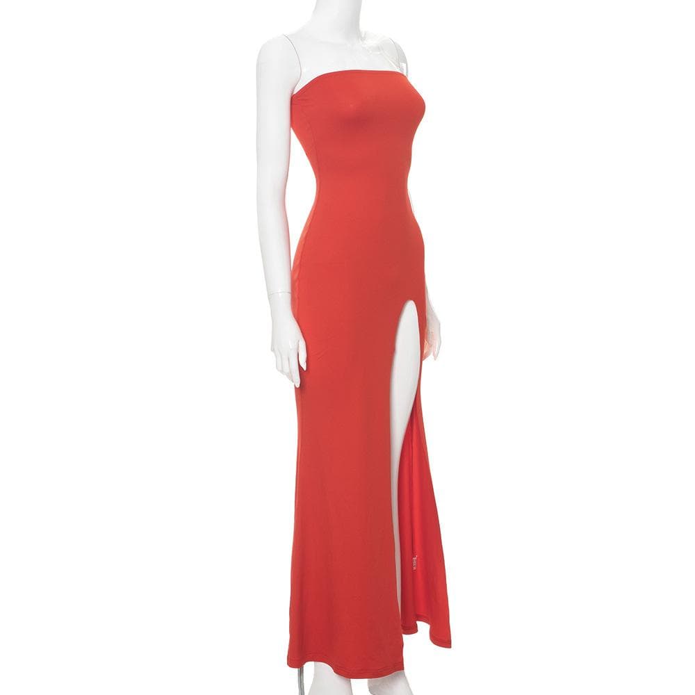 High slit solid backless tube maxi dress