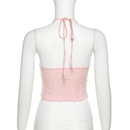 Halter self tie v neck textured knotted slit crop top