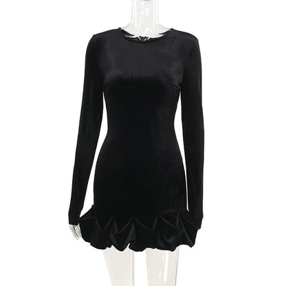 Long sleeve crewneck velvet ruffle mini dress