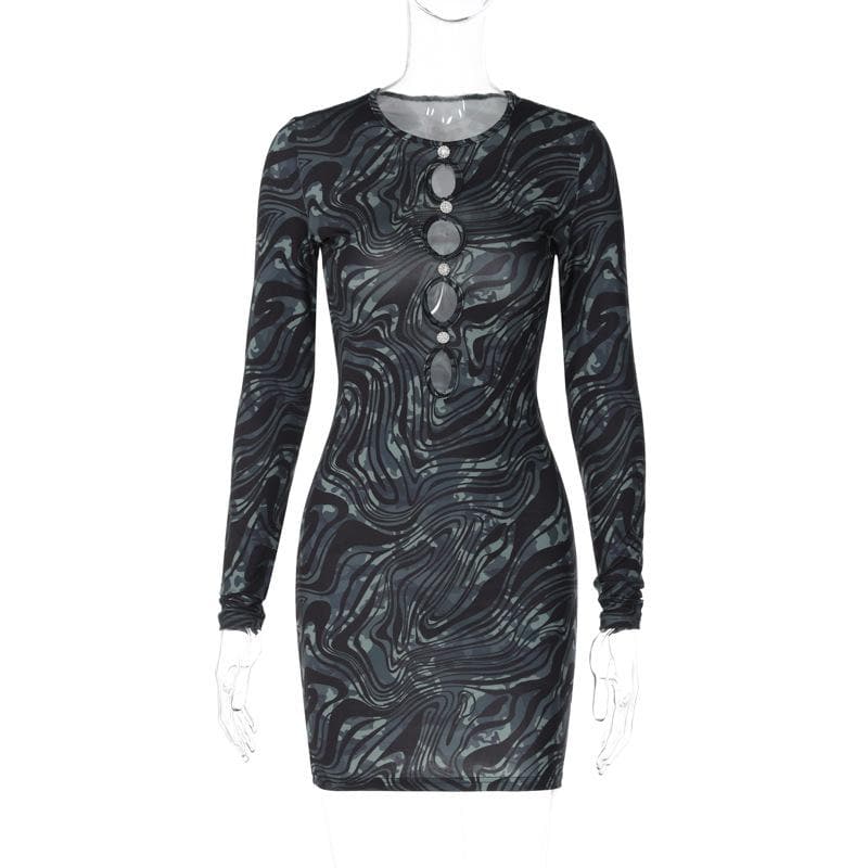 Ripple contrast long sleeve hollow out crewneck cut out mini dress