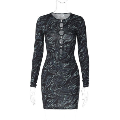 Ripple contrast long sleeve hollow out crewneck cut out mini dress