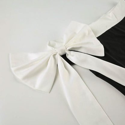 Bowknot off shoulder irregular contrast maxi dress