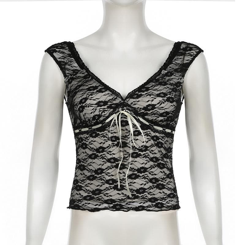 Cap sleeve v neck lace knotted backless top