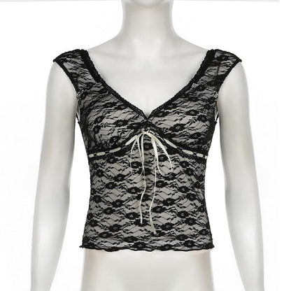 Cap sleeve v neck lace knotted backless top