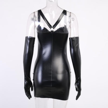 Gloves sweetheart neck o ring PU leather solid mini dress
