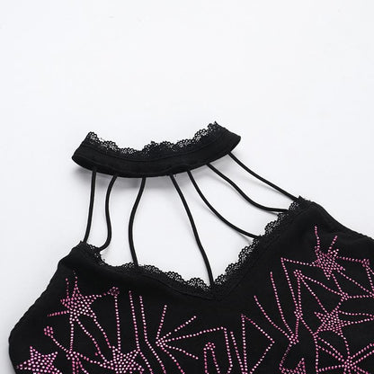 Halter beaded lace hem backless top