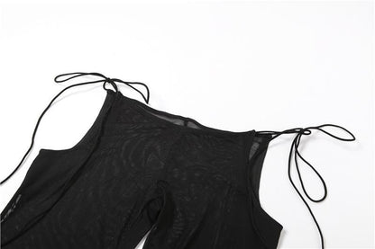 Halter self tie hollow out low cut backless mesh bodysuit pant set-final-sale