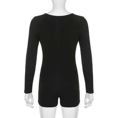 Long sleeve solid button u neck hollow out romper