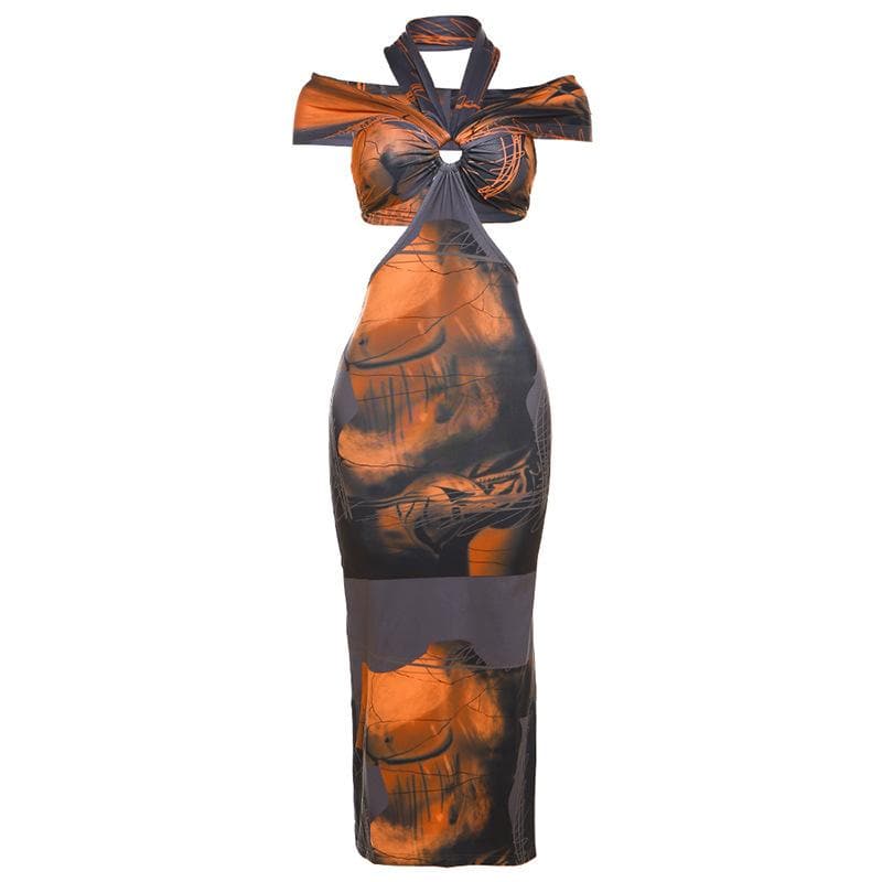 Abstract Print Off-Shoulder Halter O-Ring Waist Cutout Midi Dress