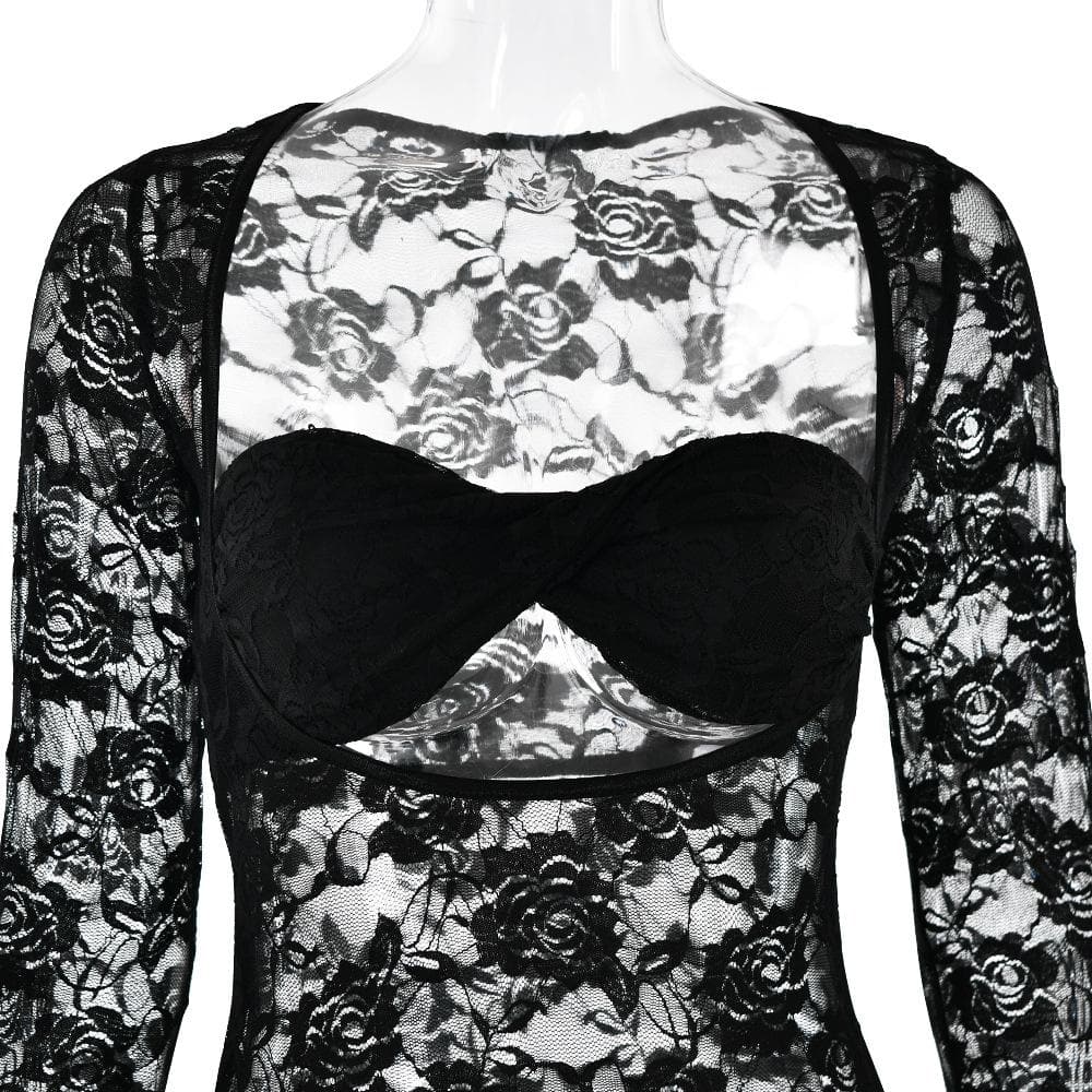 Long sleeve lace see through sweetheart neck maxi dress