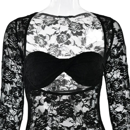 Long sleeve lace see through sweetheart neck maxi dress