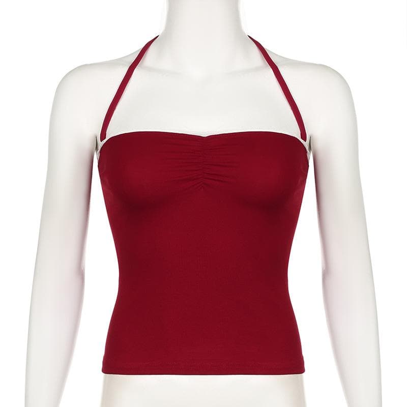 Halter ruched lace hem backless solid top