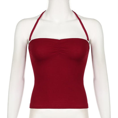 Halter ruched lace hem backless solid top