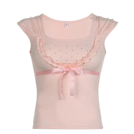 Bowknot beaded ruched u neck ruffle top