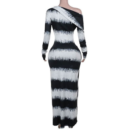 Irregular long sleeve one shoulder striped maxi dress