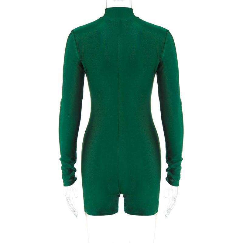 Zip-up solid long sleeve high neck romper