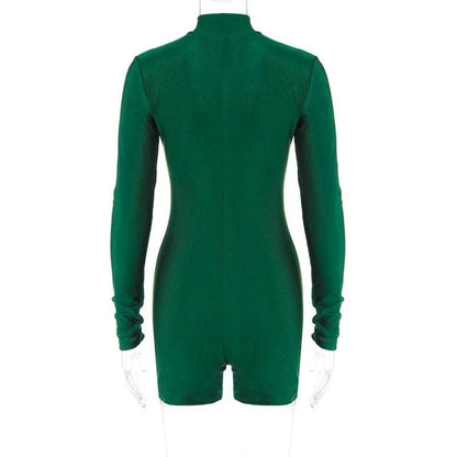 Zip-up solid long sleeve high neck romper