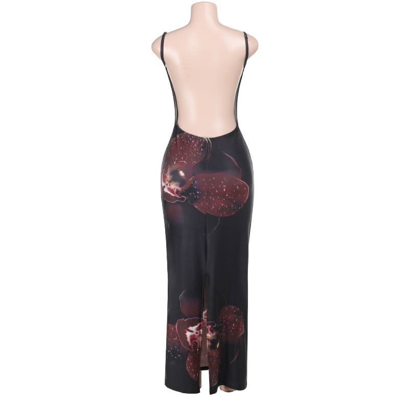 V neck flower print beaded slit cami maxi dress
